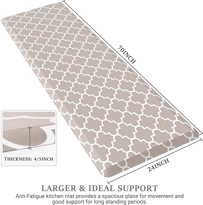 WISELIFE Anti Fatigue Floor Mat - 4/5 Inch Thick Kitchen Mat Non Slip Waterproof Heavy Duty Ergonomic Comfort Mat Durable for Home, Office, Sink, Laundry,(24" x 70", Khaki)