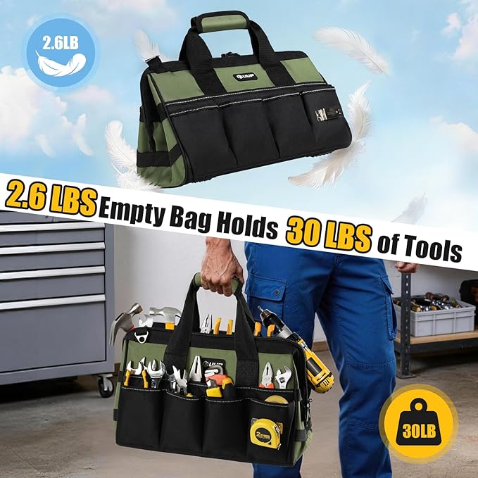 UUP Heavy Duty Tool Bag 15-Inch, 16-Pocket Portable Empty Tool Box Organizer, Big Storage Toolbox Organization, Soft Handle Large Zipper Carrying Toolbag, Father Day Gifts for Him Dad Men, Green
