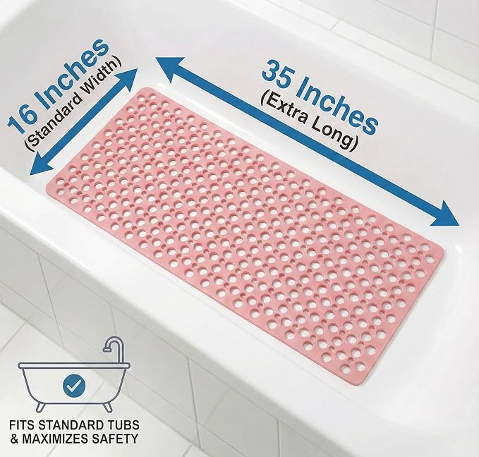 Nonslip Bathtub Mat Extra Soft TPE Bath Mat for Kids, Machine Washable Bathroom Shower Mat, Smooth/Non-Textured Tubs Only, 35L x 16W Inch (Pink)