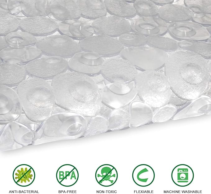 WELTRXE Pebbles Bath Mat Clear Non-Slip Bathtub Mat with Suction Cups, Drain Holes for Bathroom Showers, Tub, Machine Washable, BPA, Latex Free Safe Shower Mats, Oval 27 x 14 Inch