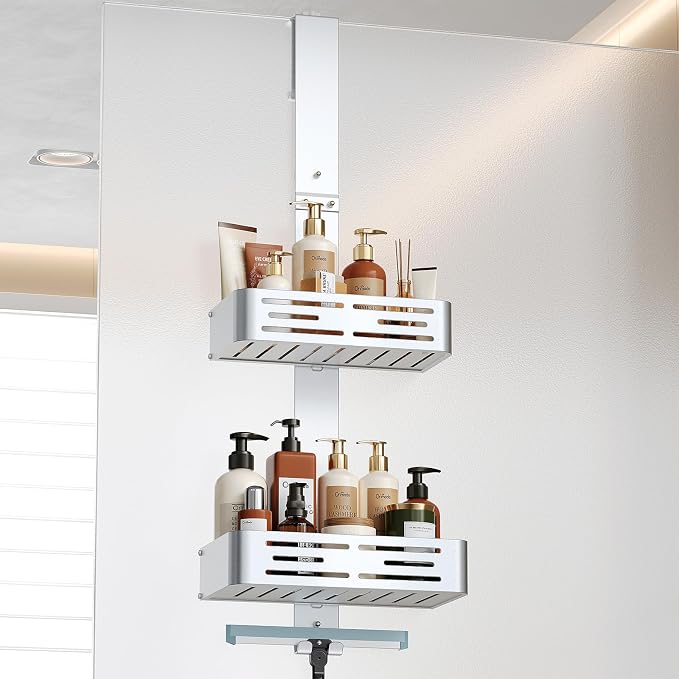 Orimade Aluminum Over the Door Shower Caddy, Rustproof Hanging Shower Organizer, Heavy Duty,Adjustable Height,Safe Rounded Edges, Bottom Plate to Hold Small Items, for Bathroom Storage, 2-Tier Silver