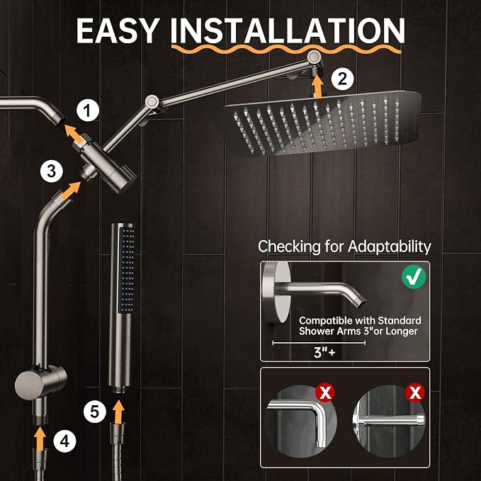 Veken All Metal 10" Brushed Nickel Shower Head with Handheld, Luxurious Square Double Rain Shower Heads with Power-wash Hand Held, Dual High Pressure Detachable Rainfall Showerhead,Bathroom Upgrade
