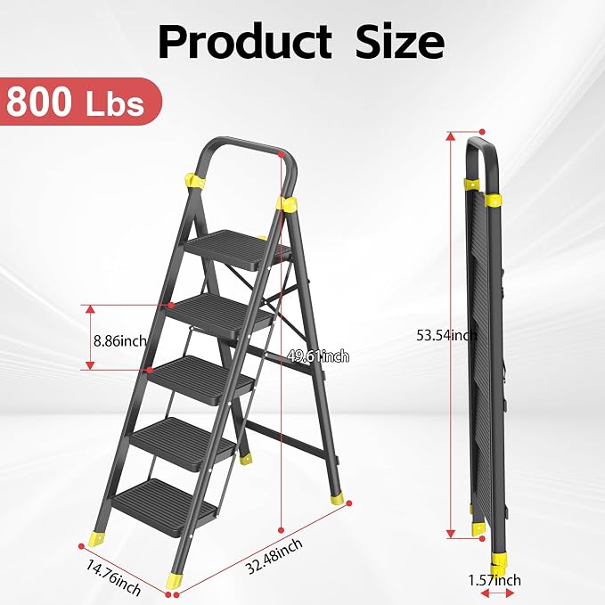 DIAMONDFORGE 5-Step Folding Step Ladder Stool with Handle, Anti-Slip Wide Pedals & Feet, 800lbs Capacity for Home Kitchen Adults, Black Yellow