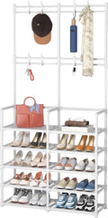 Laiensia 5-Tier Entryway Coat Rack, Coat and Shoe Rack, Entryway Bench Storage Organizer with 8 Hooks for Bedroom, Hallway, Office, White