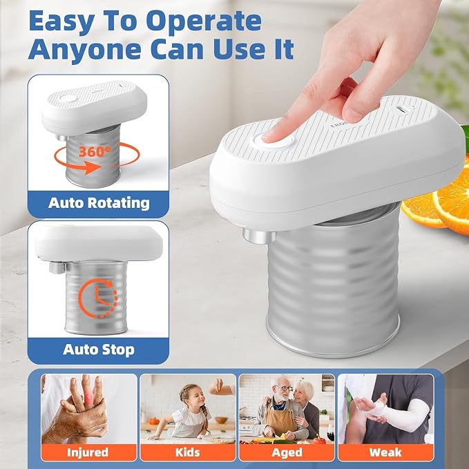 Auto Electric Can Opener, Rechargeable Can Openers for Seniors & Arthritis, One-Touch Automatic Can Opener, Hands-Free, Smooth Edge, Compact, Cordless, Food-Safe Kitchen Gadgets,White