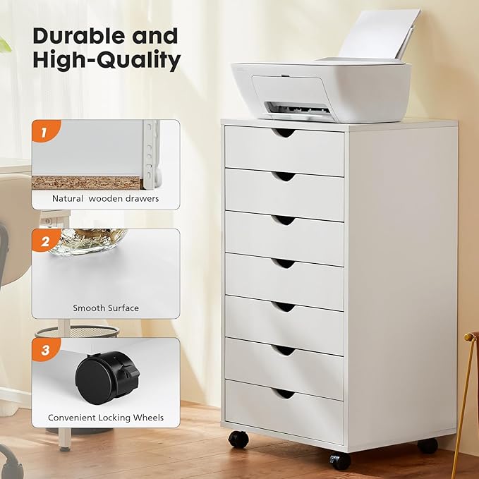 OLIXIS 7 Drawer Mobile File Cabinet Under Desk Storage Organization with Wheels Vertical Filing Chest Rolling Wood Small Desk Printer Stand for Home Office, 15.75"D x 18.74"W x 34.25"H, Classic White