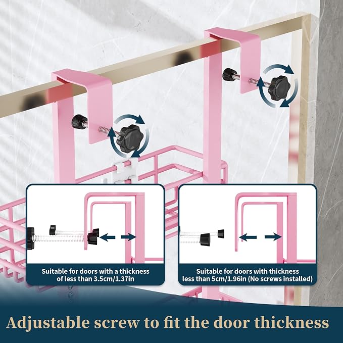 Consumest Over The Door Shower Caddy - 5 Tier Adjustable Shower Organizer Hanging with 2 Toothbrush Holders & 4 Hooks, Rustproof Organizer Shelf, Storage Rack for Bathroom, Pink