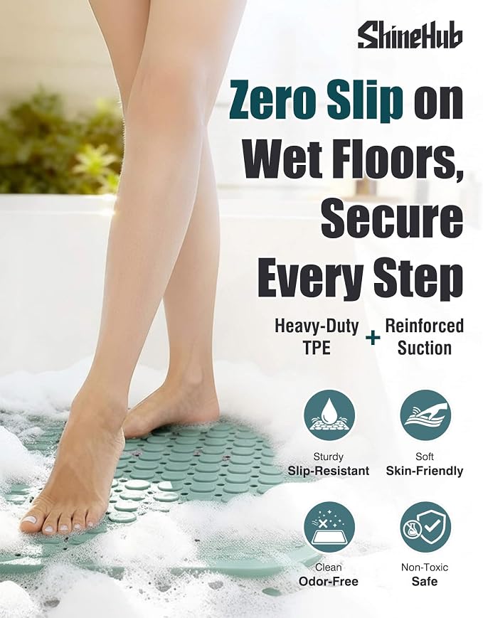 Non Slip TPE Bath Mat, Heavy Non Floating Shower Mat, 28x16, Green | Strong grip, 166 suctions, 144 drains, 7mm extra-thick cushioned layer, washable, for bathroom shower tub floor