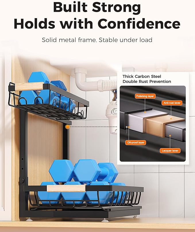 Sevenblue 2 Packs Under Sink Organizer, Height Adjustable 2 Tier Under Kitchen Sink Organizer, Multi-Purpose Storage Shelf for Kitchen Bathroom Cabinet (Black, Large)