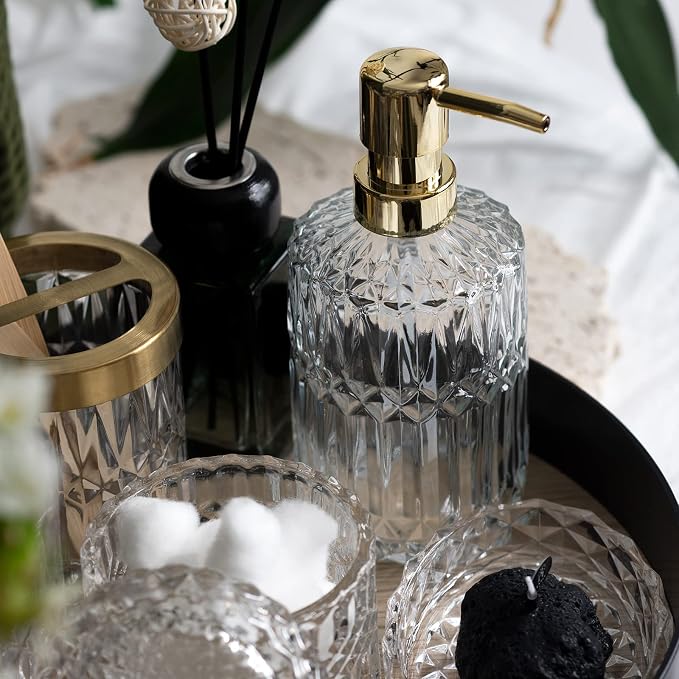 EMPO 6PCS Bathroom Clear Glass Accessories Set (Lotion Soap Dispenser, Soap Dish, Toothbrush Holder, Tumbler, Cotton Swab Jar), Contemporary Modern Decor Crystal Vintage Gift (6pcs Clear)