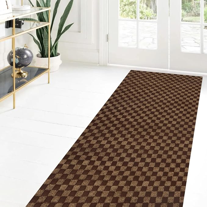 Custom Size Runner Rug 2 ft x 59 ft, 2-82ft Carpet Runners Hallway Entryway Kitchen Garage Laundry Room Area Rugs with Non-Slip Rubber Backing, Checkered Brown