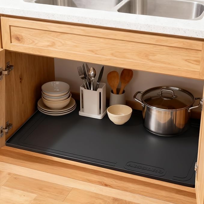 Aisslro Under Sink Mat 28" X 19", Waterproof Silicone Under Sink Mats for Kitchen, Anti-Leak Shelf Liner & Cabinet Protector with Raised Edge, [BPA Free] Bathroom Tray Home Organizer, Black
