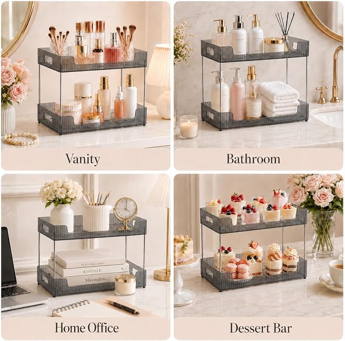 Goderewild Bathroom Counter Organizer, Multi-Purpose Cosmetics Skincare Shelf, Makeup Organizer for Vanity Tray, Countertop Storage Solution for Kitchen and Bath. (Smoky Gray, 2-Tier)