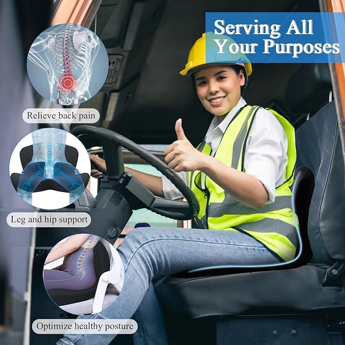 Car Seat Cushion, Memory Foam Driving Cushion with Adjustable Strap, Ergonomic Pad for Car & Semi Truck, Office Chair Cushion for Sciatica & Lower Back Pain Relief, Black