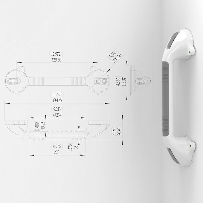 16.5inch Suction Bath Grab Bar with Indicators, Balance Assist Bathroom Shower Handle (White/Grey, Pack of 1)