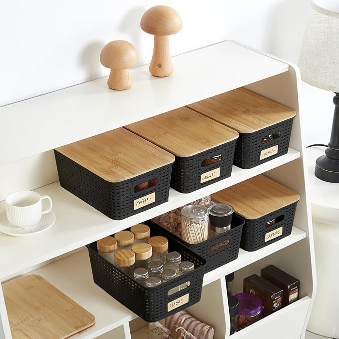 Bagnizer Small Plastic Storage Bins with Bamboo Lids 5.2qt Stackable Box Basket Pantry Decorative Containers Cute with Lable for Organizing Desktop Closet Office Black of 6 packs 10 * 7.2 * 4.1"