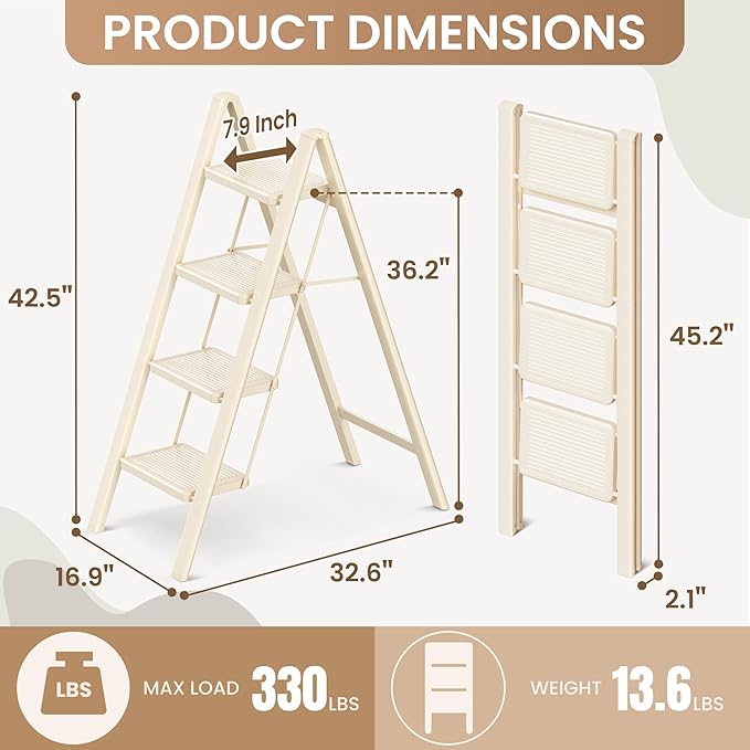 4 Step Ladder Folding Step Stool with Wide Anti-Slip Pedal, 330LBS Capacity, Lightweight Portable Stepladder for Home and Kitchen Use, Cream White