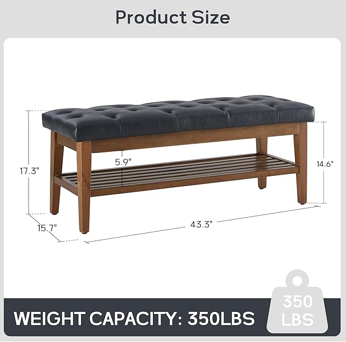 HUIMO Entryway Shoe Leather Bench, End of Bed Bench,PU Button-Tufted Indoor Bench,Ottoman Bench for Living Room, Padded Bench with Solid Wood Shelf,Kitchen Leather Seat Dining,Black