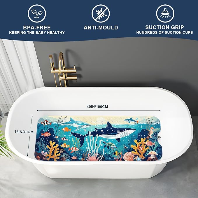 XIYUNTE Baby Bath Mat for Tub Non Slip Kids Bath Mat - 40"x16" Extra Long Bathtub Mat Non Slip Kids, Eco-Friendly Toddler Bath Mats with Suction Cups for Secure Grip, Easy to Clean & Easy Drying