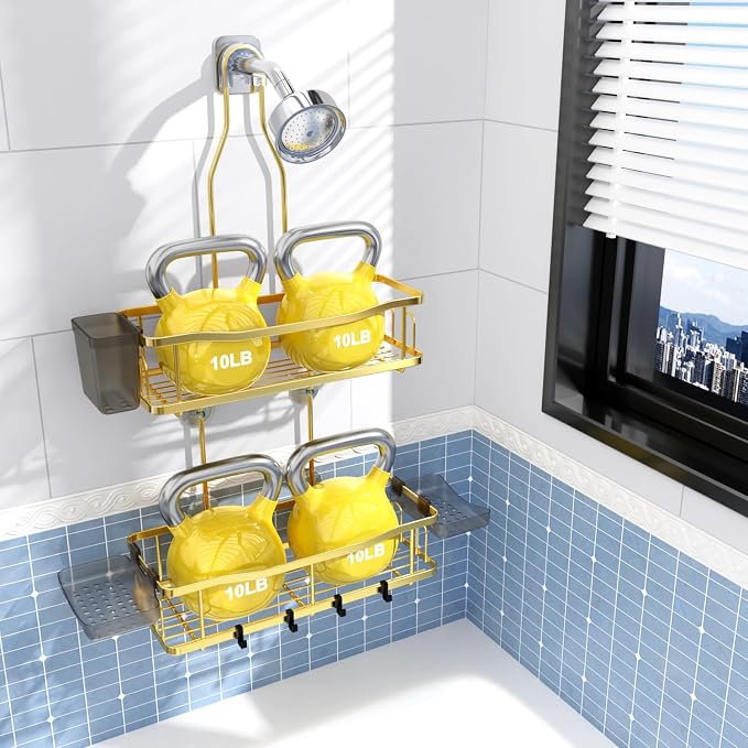 Aitatty Hanging Shower Caddy Bathroom Organizer: Rustproof Shower Shelf Racks Over Shower Head - No Drilling Inside Bath Shower Rack Shelves Over Showerhead for Shampoo with Soap Holder Gold