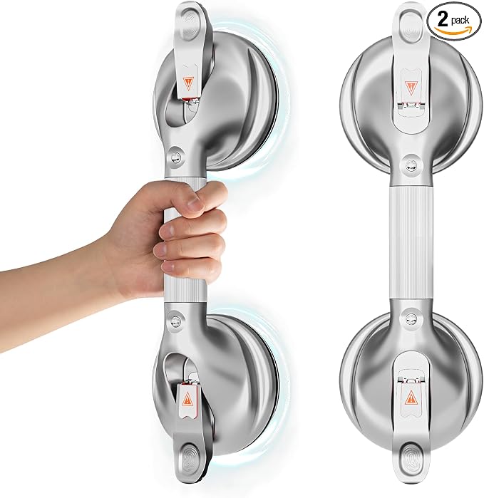 DAILYLIFE Grab Bars for Bathtubs and Showers, 15 inch Shower Handles for Elderly Suction, 300lbs Safety Shower Grab bar for Seniors and Elderly, Silver(2 Pack)