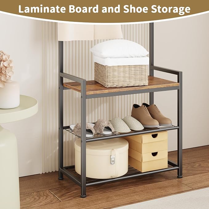 Coat Rack Hall Tree with Shoe Storage, Entryway Hall Tree Storage Bench, Wood Look Accent Furniture with Metal Frame, 3-in-1 Design, Rustic Brown
