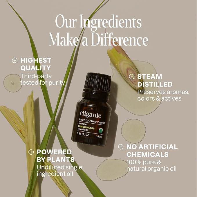 Cliganic USDA Organic Lemongrass Essential Oil - 100% Pure Natural Undiluted, for Aromatherapy Diffuser | Non-GMO Verified