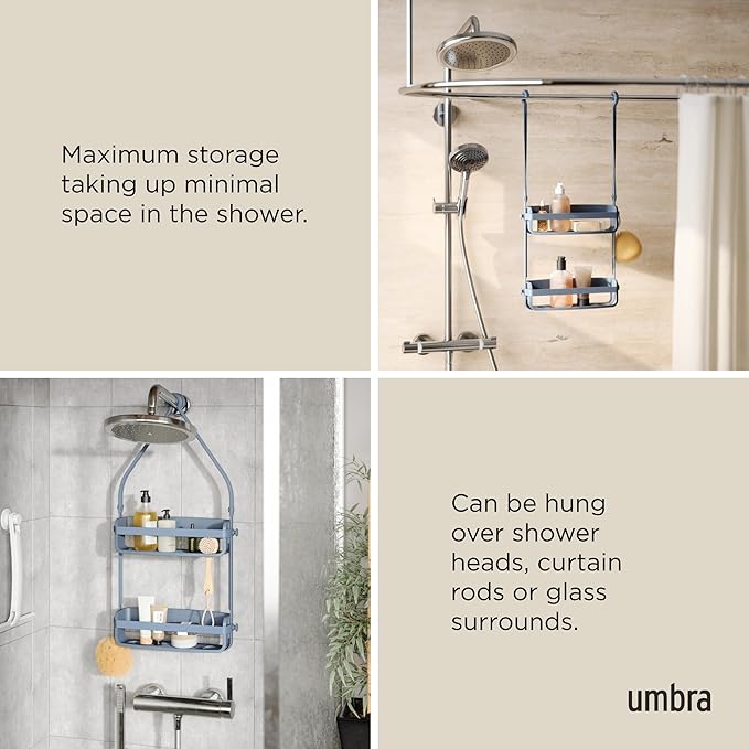 Umbra Flex Hanging Shower Caddy with 2 Shelves, Bathtub Shelf and Bathroom Organizer, Slate Blue