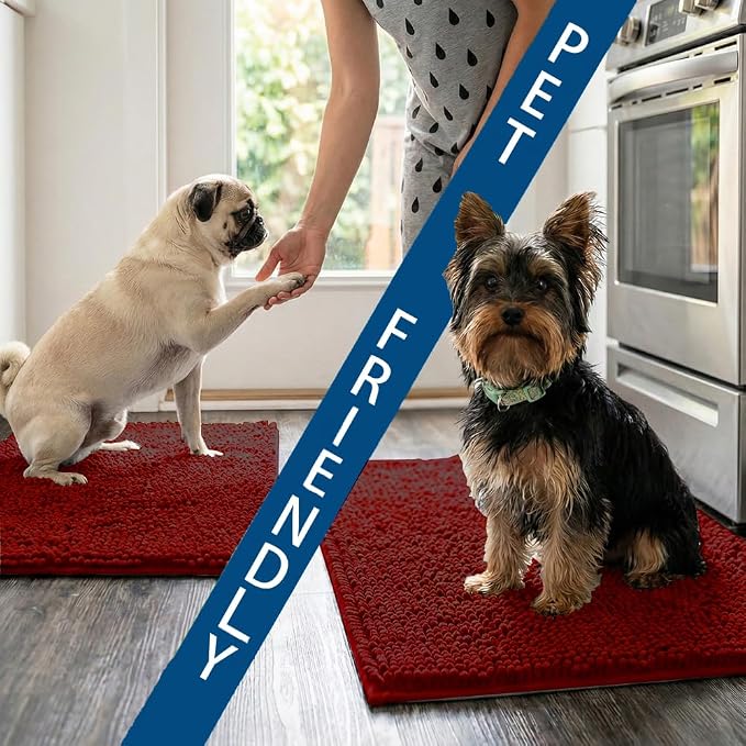 Bathroom Rugs Sets 2 Piece,Super Absorbent Chenille Bath Mats and U-Shaped Toilet Rug,Strong PVC Non Slip Backing,Microfiber Washable Dry Quickly Bath Mats for Bathroom(20"x32"+20"x20"U,Dark Red)