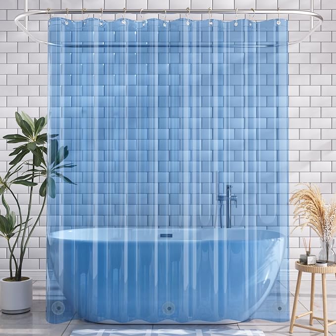 AmazerBath Shower Curtain Liner, 72x72 Transparent Blue Shower Liner, Lightweight Plastic Shower Curtain Liners, Cute Waterproof Shower Liner for Bathroom with 3 Magnets and 12 Grommet Holes