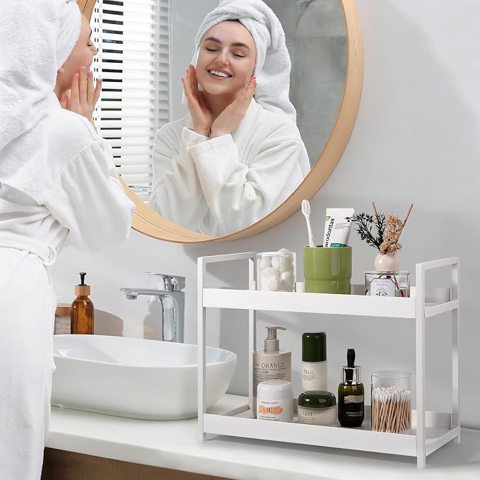 Bathroom Counter Organizer 2 Tier Vanity Storage Countertop Shelf Makeup Organizer Perfume Tray Skincare Holder for Sink, Dresser, Kitchen, Large White