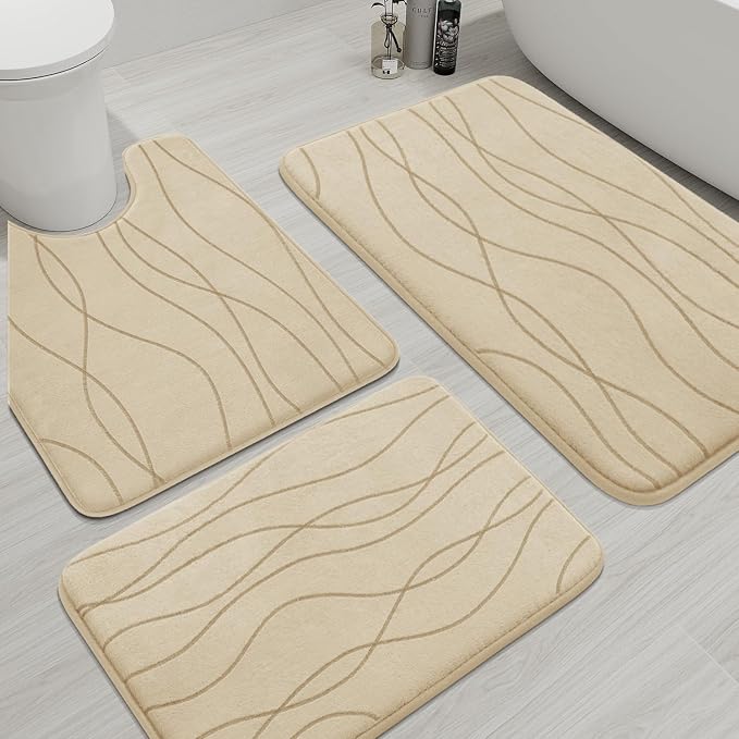 YIHOUSE Memory Foam Bathroom Rug Sets, 3 Piece, Khaki | Ultra Soft, Absorbent, Non-Slip, Machine Washable