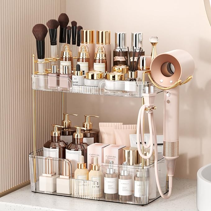 Bathroom Counter Organizer for Vanity, Makeup Organizer Countertop with Holder, Large Capacity Storage Rack, Perfect Large Skincare, Hair Care, Perfume, Easy to Install (Clear, 2Tiers)