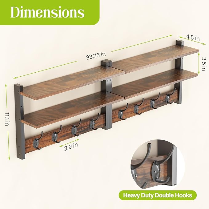 2 Tier Coat Rack Wall Mount with Shelf, 33" Wall Shelf with Hooks, Entryway Key Holder for Wall with 8 Heavy Duty Double Hooks, Coat Hook Wall Mounted for Bedroom, Living Room, Rustic Brown