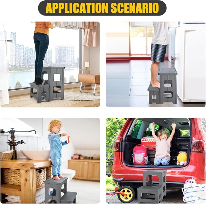 Folding 2-Step Stool for Adults Kids Non-Slip Collapsible Portable Step Stool for Kitchen Home Toilet Bedroom Office Bathroom Rv,Holds 300 Lbs(Grey)