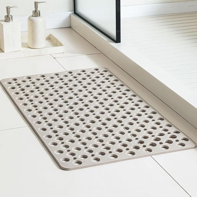 Casa and Beyond Shower Mat, Non Slip Bath Mat and Shower Mat with Suction Cups and Drain Holes, Easy to Clean Soft Machine (Khaki,29.5" x 17" (Rectangular))