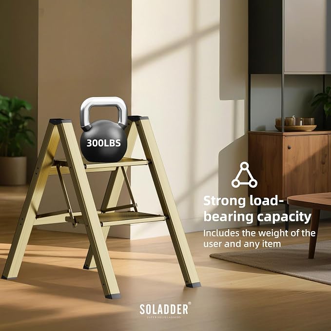 SOLADDER 2 Step Ladder, Anti-Slip and Lightweight Foldable Step Stool for Adults to Use in Kitchen, Closet and Library, 300lbs(Brown Gold)