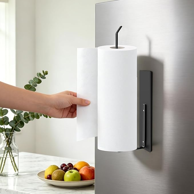 Paper Towel Holder Black, Toilet Paper Roll Holder Magnetic Towel Rack Wall Mount Fridge Organizer Shelf for Towels Rolls Bar Bathroom Toilet Pantry RV Essentials Kitchen Organizers and Storage 2 Pack