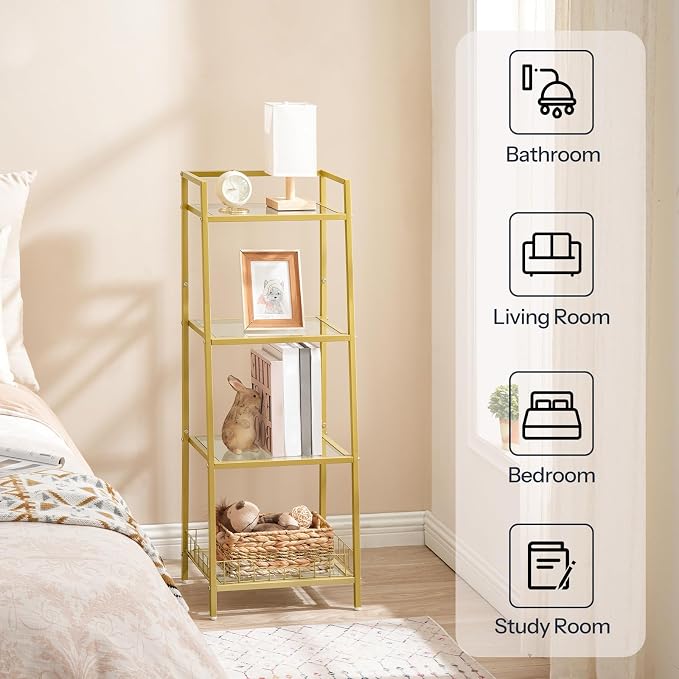 HOOBRO Gold Glass Shelf Stand, 4 Tier Standing Shelf Unit, Bathroom Organizer and Storage, Floor Storage Shelves Waterproof, for Bathroom, Laundry, Toilet, Tempered Glass, Gold GD79CJ01