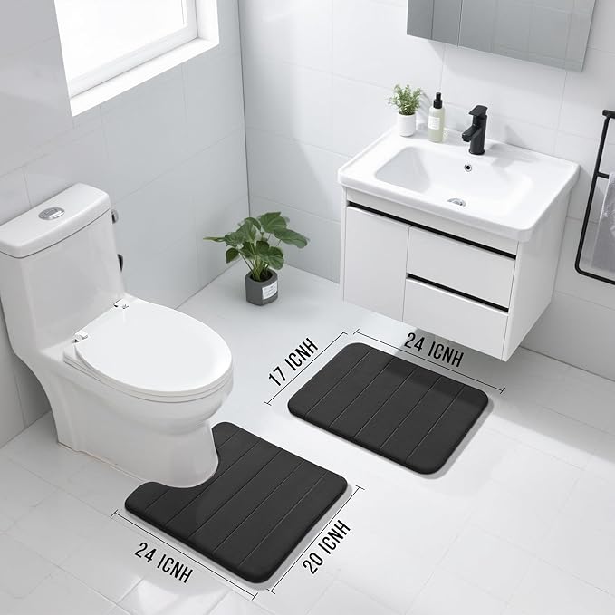 Yimobra U-Shaped Toilet Bath Mat Set 2 Piece - Super Soft Absorbent Quick Dry Memory Foam Bathroom Rugs, Machine Washable Non Slip Floor Carpet for Tub Shower & Single Sink (17x24 & 24x20, Black)