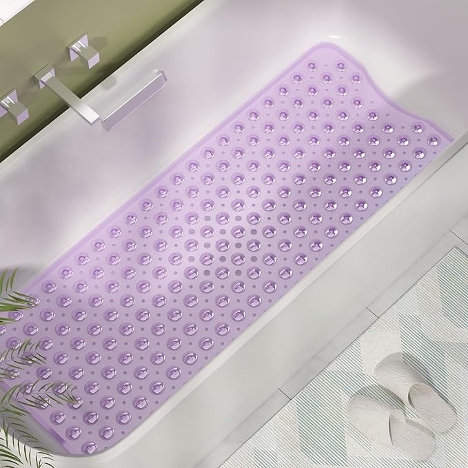AmazerBath Shower Mat Non Slip 40 x 16 Inches, Shower Stall Mats with Suction Cups and Drain Holes, Non Slip Bath Mat for Tub for Elderly & Kids, Clear Purple