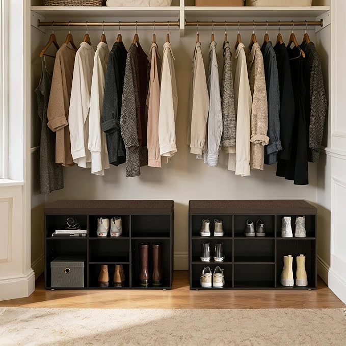 DINZI LVJ Shoe Bench, 9 Cubbies Shoe Organizer for Entryway, Storage Bench with Cushion, Cubby Shoe Rack with Adjustable Shelves for Living Room, Bedroom, Mudroom, Hallway, Espresso