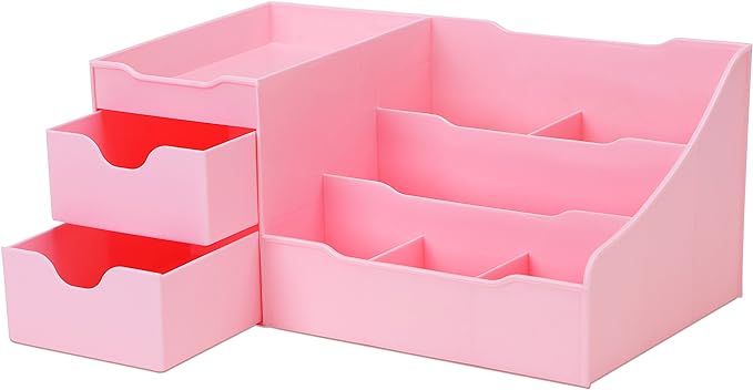 Uncluttered Designs Makeup Organizer With Drawers - Cute Kawaii Countertop Storage for Cosmetics, Pretty Vanity Holder for Perfume, Skincare, Brush, Lipstick, Nail Polish and other Accessories (Pink)