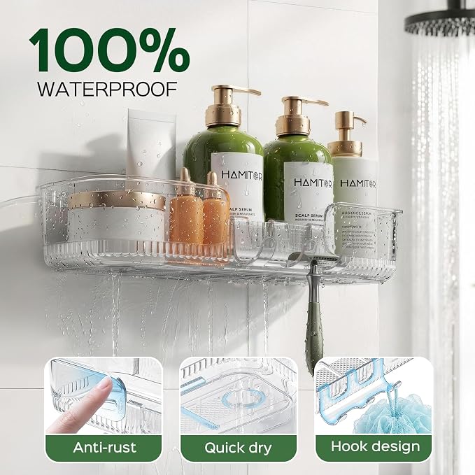 HAMITOR Adhesive Shower Caddy for Bathroom：2 Pack Clear Bath Shelves No Drilling for Modern Renters & Home Decor - Rustproof Acrylic Shower Organizer for Bathroom Storage