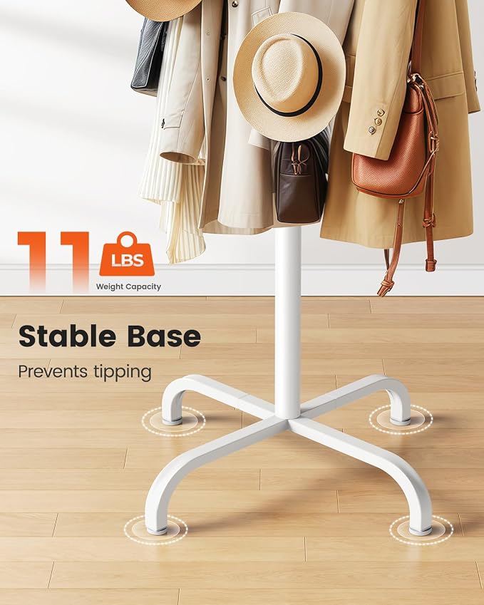 Pipishell Coat Rack with 14 Hooks, Freestanding Coat Rack Stand for Entryway, Hallway, Bedroom, and Office, Metal Coat Tree & Hat Rack for Coats, Hats, and Bags, White