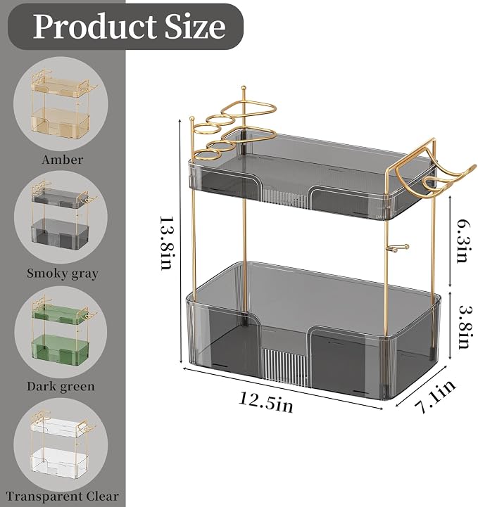 shuang qing 2 Tier Bathroom Counter Organizer with Hair Dryer Holder, Hair Tool Countertop Storage, Cosmetics Skincare Shelf, Makeup Organizer Perfume for Dresser Vanity Tray - Grey