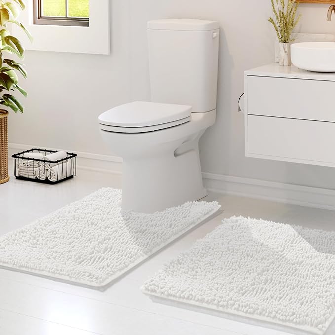 Hearth & Harbor Bathroom Rugs, Chenille Bath Mat - Machine Washable Bath Mats for Bathroom Non-Slip Backing Rubber, Quick Dry Bathroom Mat - White 17x24-20x24