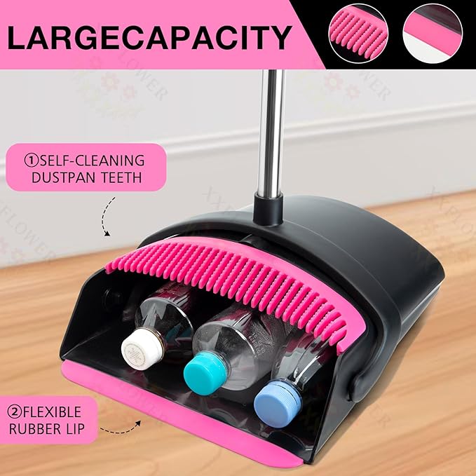 Broom and Dustpan Set, Long Handle Lightweight Dustpans with Broom Combo for Home, Indoor&Outdoor Sweeping for Home Room Kitchen Office Lobby (Black Pink)