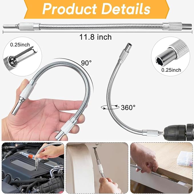17Pcs Tools Flexible Drill Bit Extension,Include 3Pcs Rotatable Socket Adapter 2Pcs Hex Shank 105° Right Angle Drill Attachment 10 Short Screwdriver Bits 90° Angled Bits & Bendable Drill Bit Extension