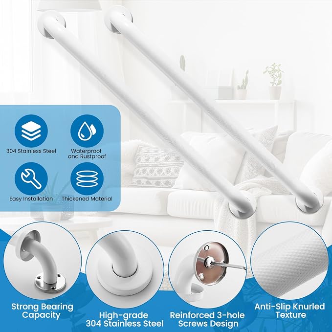 Grab Bars for Shower, Zynuhmo 2 Pack 24 Inch Anti Slip Bathroom Safety Grab Bar 1.25" Diameter Stainless Steel Shower Handrails for Handicap Injury Pregnant Senior Assist Shower Handles(Matte White)